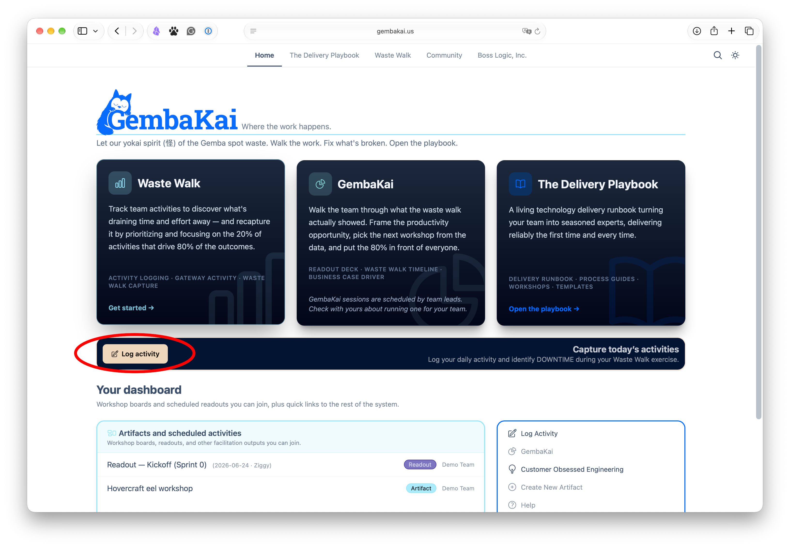 The GembaKai home page with the Log activity button highlighted