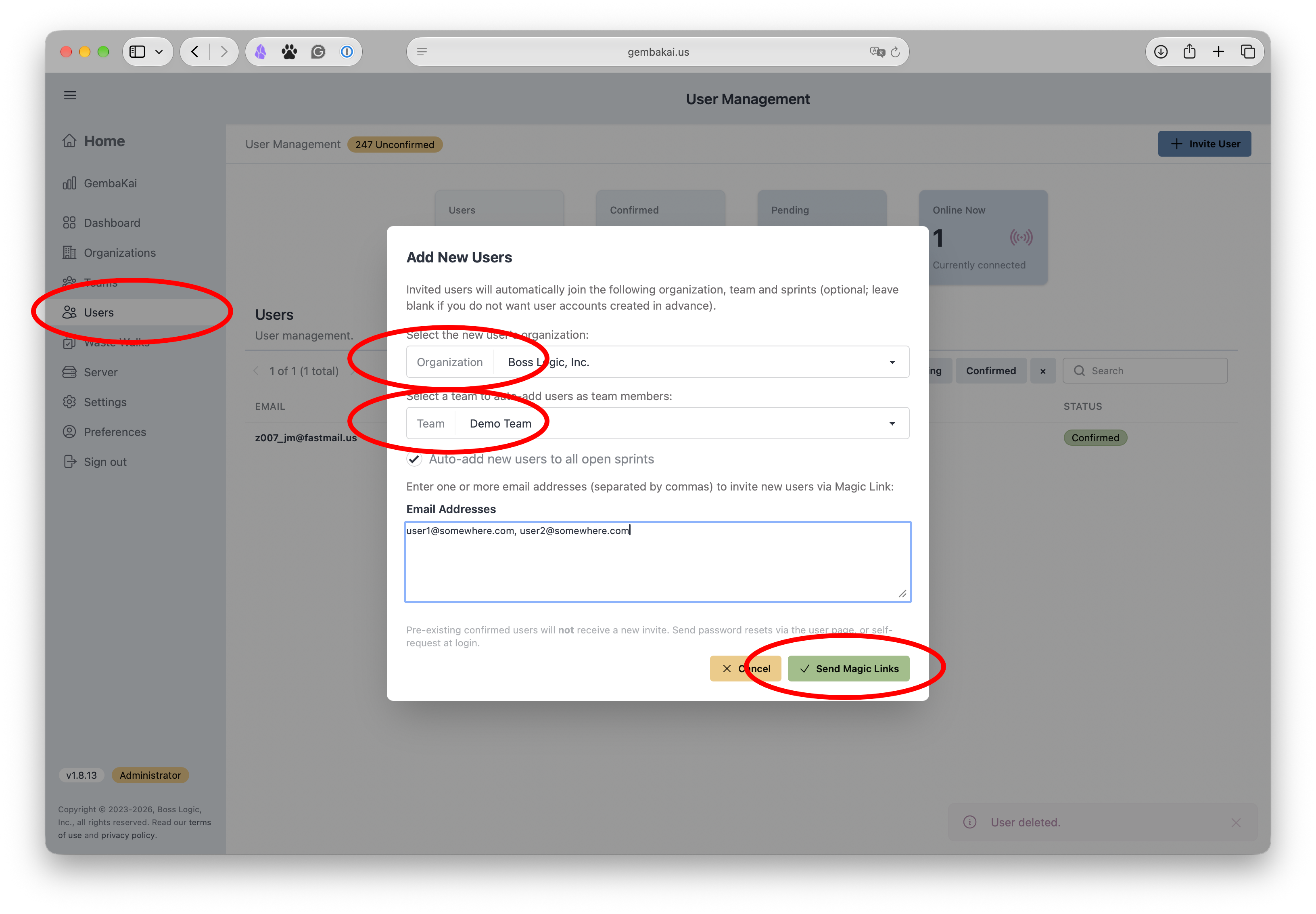 The Add New Users dialog with the organization and team fields and the Send Magic Links button highlighted
