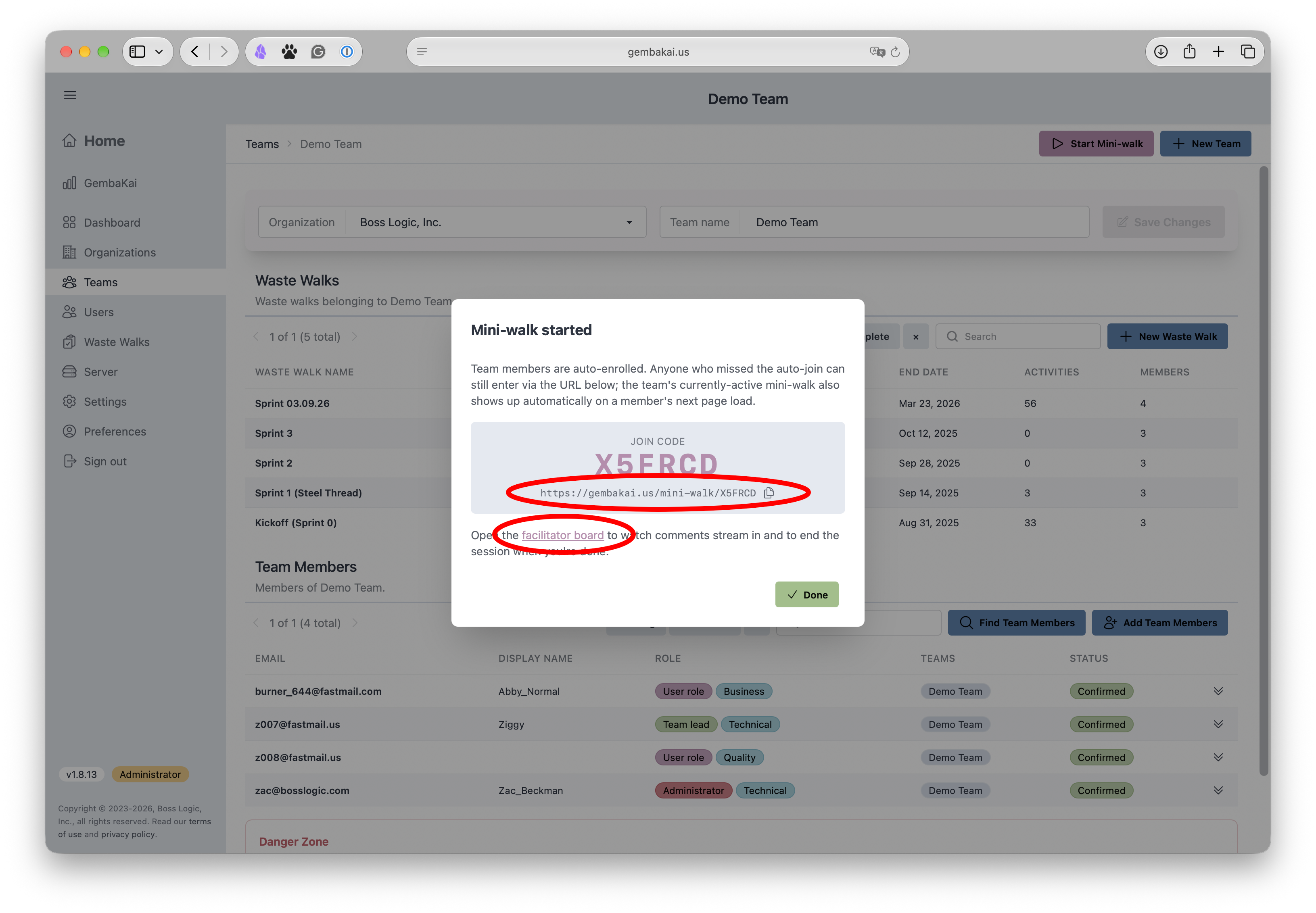 The Mini-walk started dialog with the join URL and the facilitator board link highlighted
