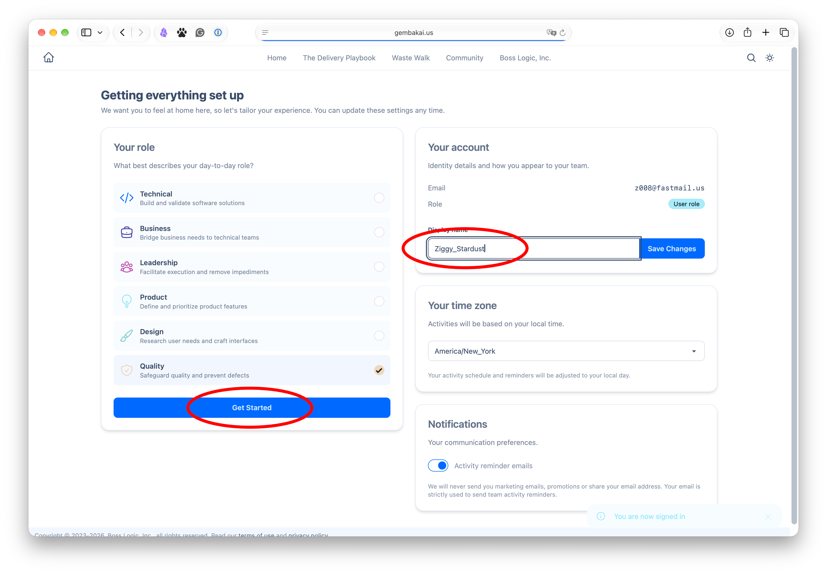 The Getting everything set up page with the role list, the display name field and the Get Started button highlighted