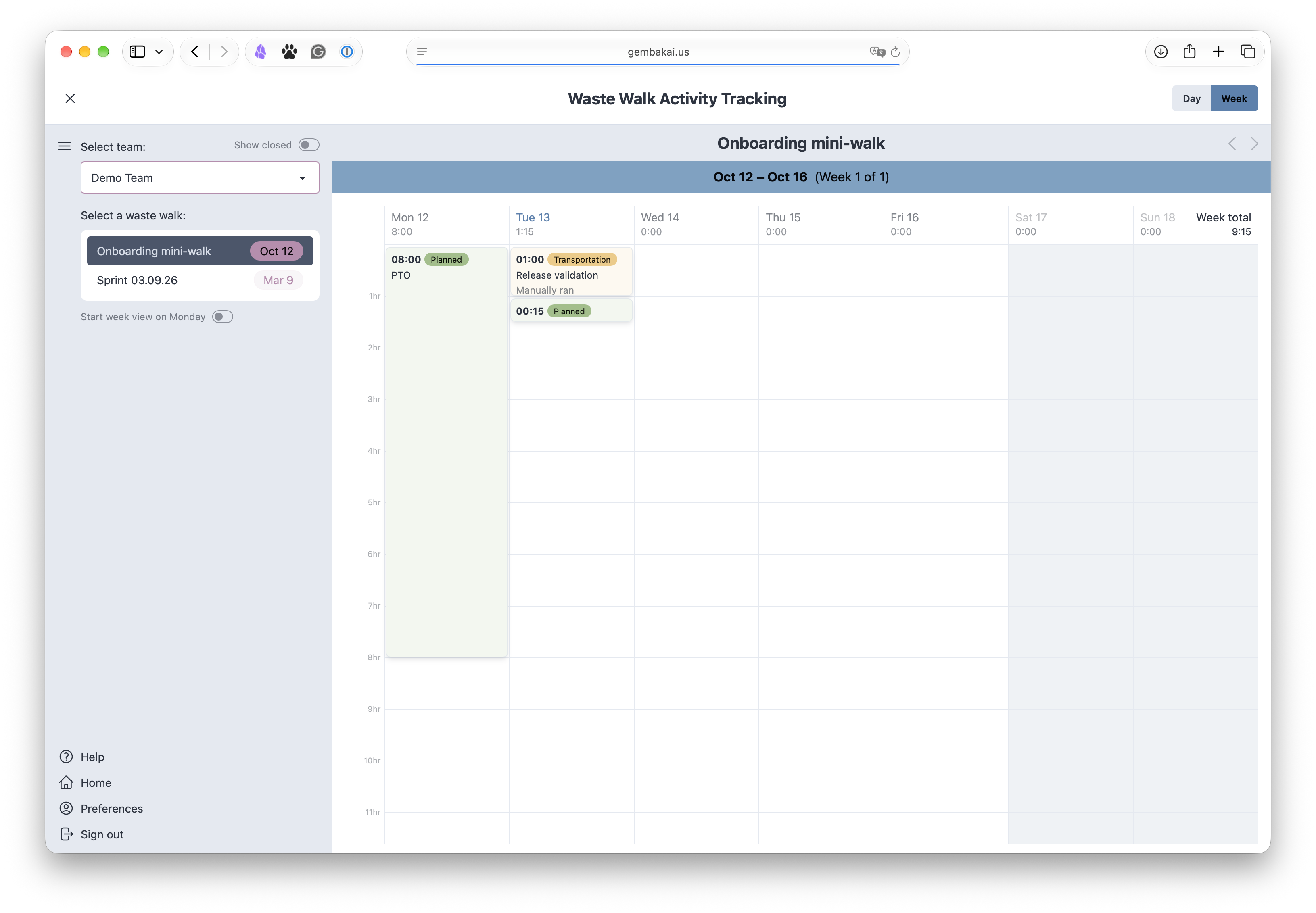 The week view with the sidebar open, showing the team selector, the list of waste walks with the Show closed toggle, and the start-week-on-Monday preference