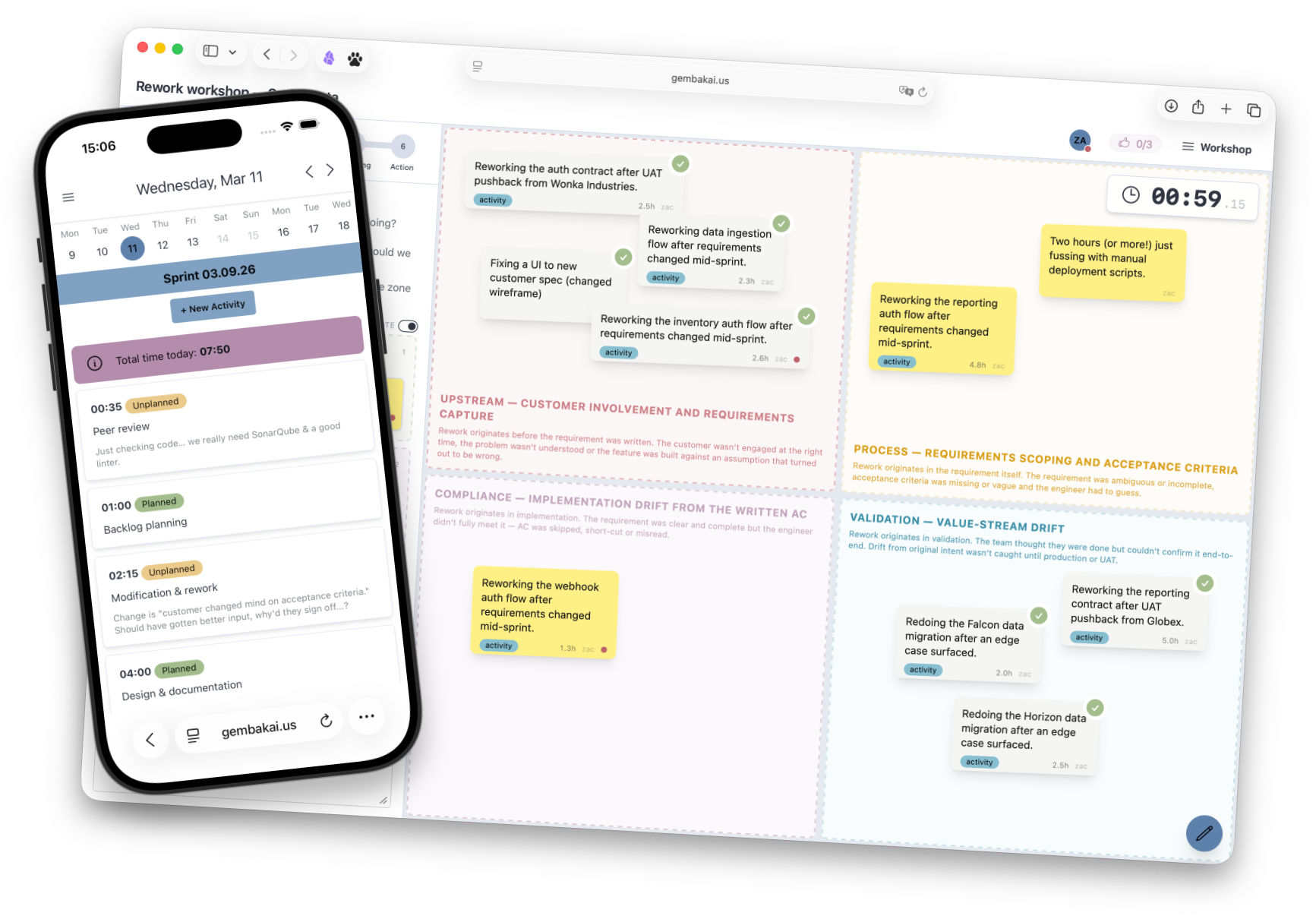 The GembaKai mobile activity log, showing a day’s planned and unplanned entries, in front of a rework workshop board with activity cards sorted into upstream, process, compliance and validation categories.